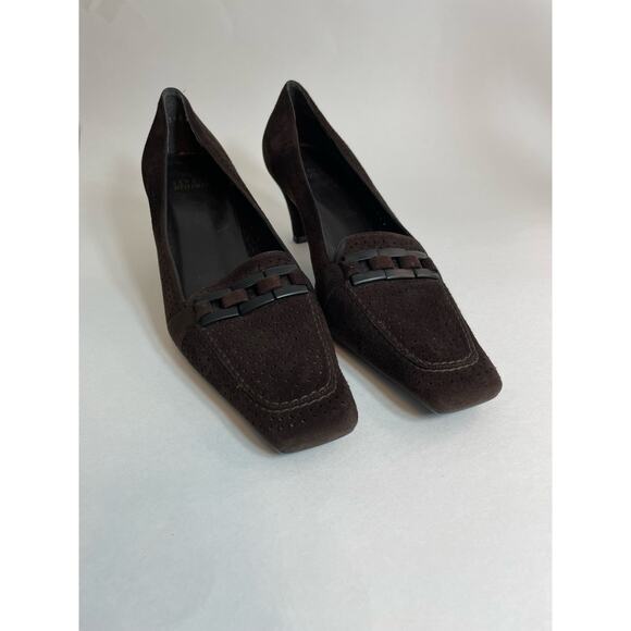 Stuart Weitzman Pump Heels Size 8.5 Brown Suede Square Toe Preppy Twee - Picture 2 of 13